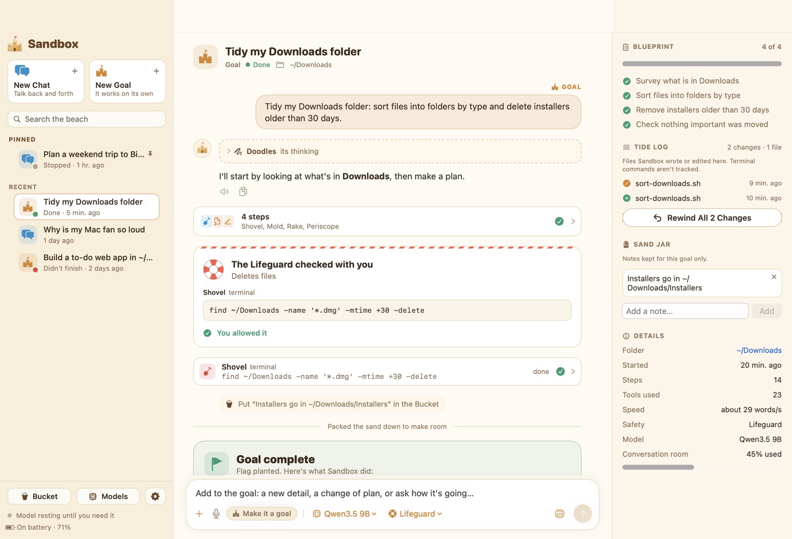 A finished goal in Sandbox: the Lifeguard card, tool steps, a Flag planted result, and the Tide Log with Rewind