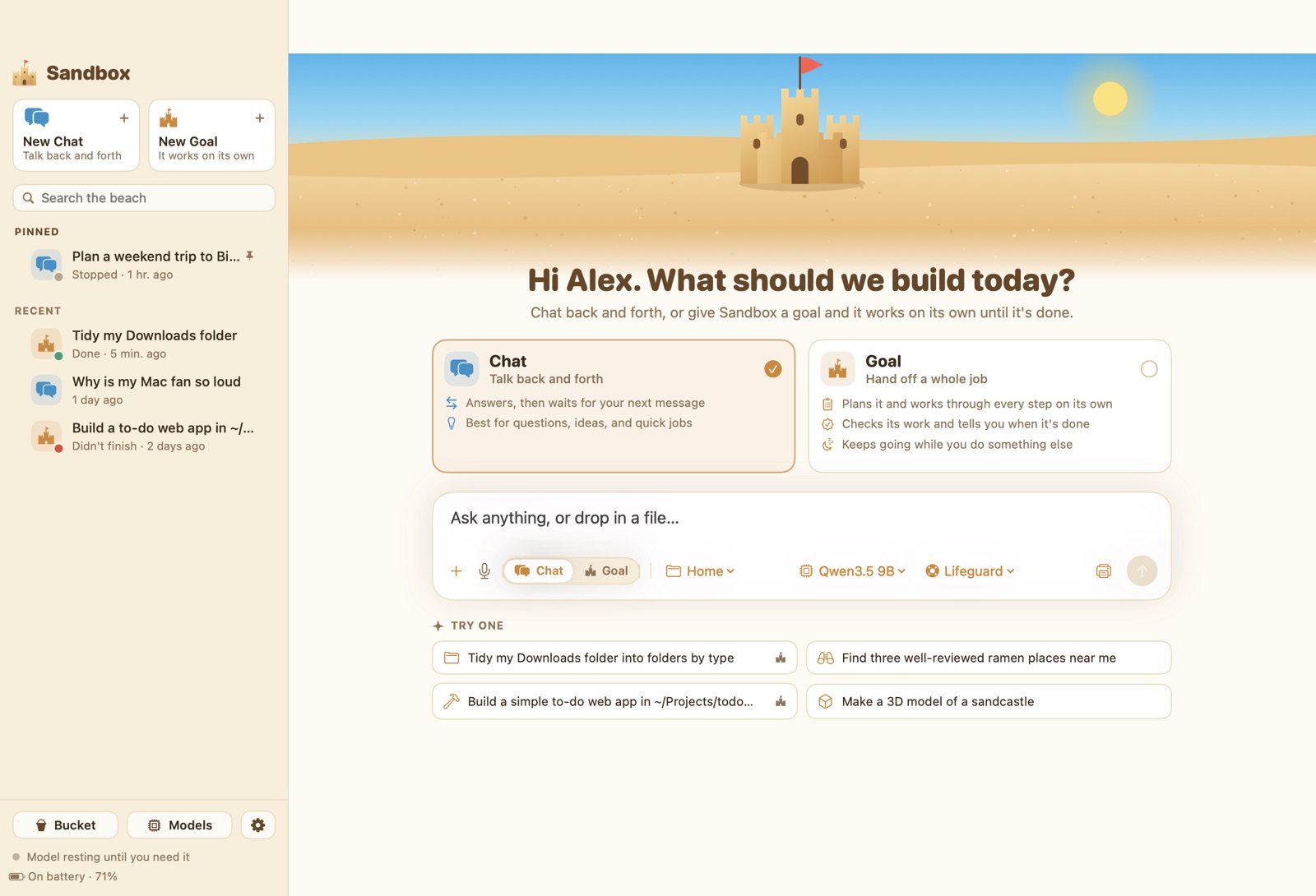 The Sandbox home screen: a sandcastle on a sunny beach above a message box with Chat and Goal options