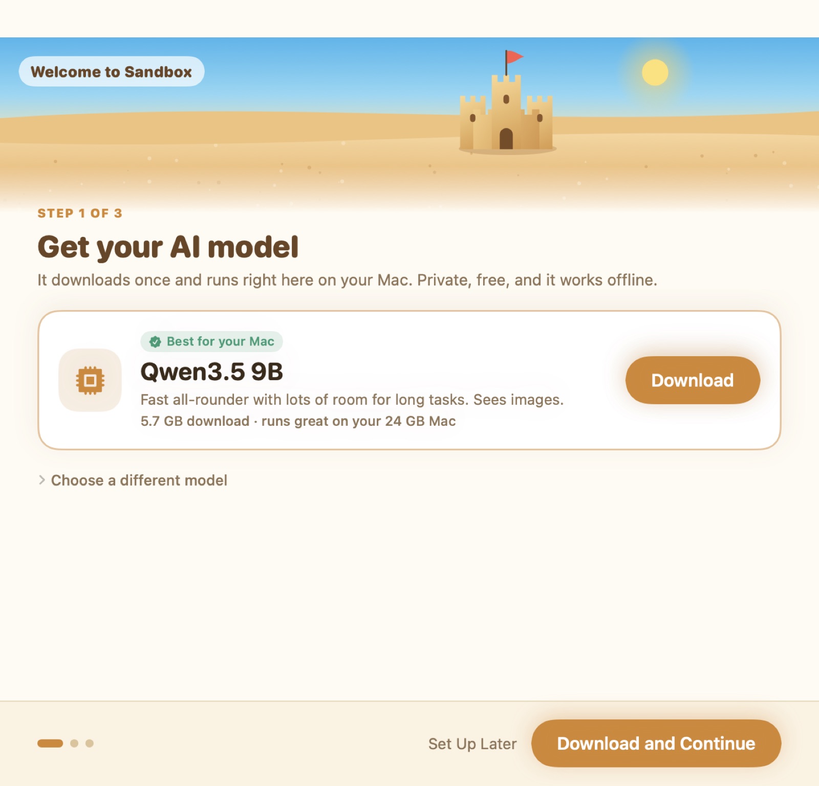 Sandbox's welcome screen with the model picked for this Mac